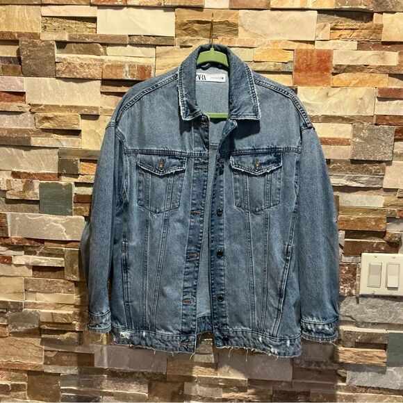 Zara Blue Jean Jacket with Vintage Denim Style - Picture 1 of 5